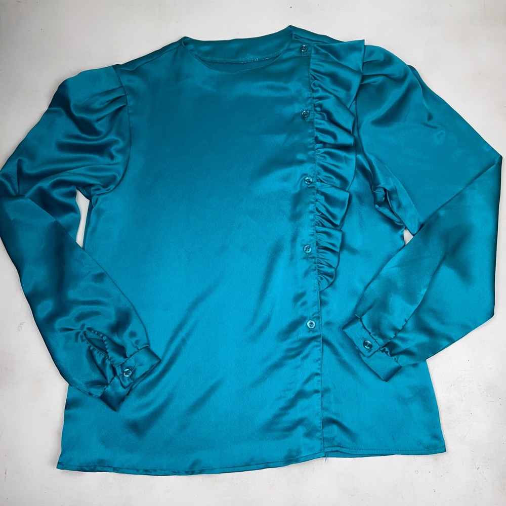 Asymmetrical Vtg Secretary Teal Blue Satin Ruffle Front Blouse Top Coquette